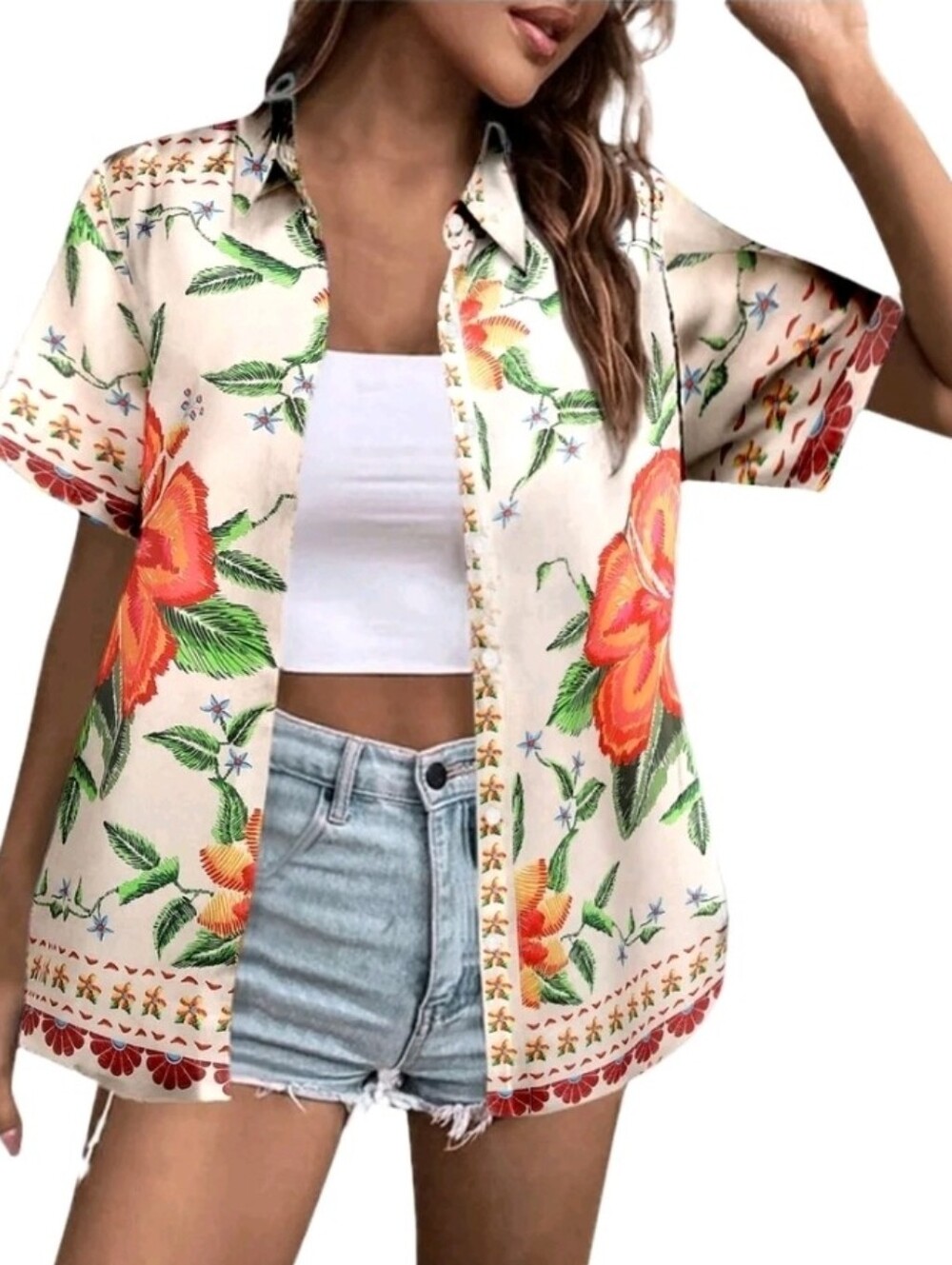 NWOT/Hawaiian Tropical Print Short Sleeve Shirt Lapel Collar Single Breasted Sma